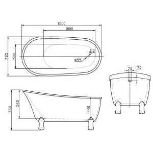 Marion Traditional Freestanding White Acrylic Bath with Chrome Feet (L)1500mm (W)735mm