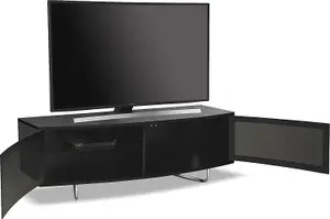 Homeology Caru Gloss Black Beam-Thru Remote Friendly Super-Contemporary"D" Shape Design up to 65" LED/OLED/LCD TV Cabinet