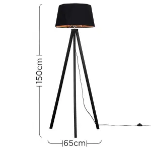 ValueLights Modern Black Wood Tripod Floor Lamp With Black Copper Light Shade