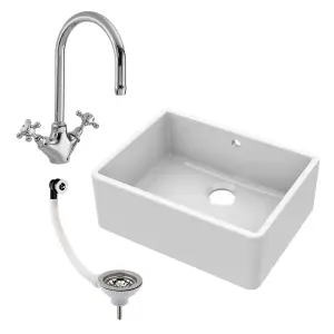 595mm - Single Bowl Fireclay Butler Kitchen Sink -  Overflow, Mixer Tap  & Waste