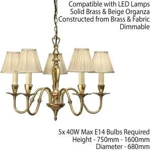 Luxury Hanging Ceiling Pendant Light Solid Brass & Beige Shade 5 Lamp Chandelier