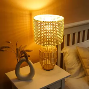 ValueLights Hollins Natural Rattan Cylinder Table Lamp with Cream Woven Rattan Wicker Shade