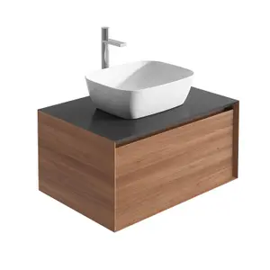 Matterhorn Natural Oak Wall Hung Bathroom Vanity Unit with Black Countertop (W)600mm (H)450mm