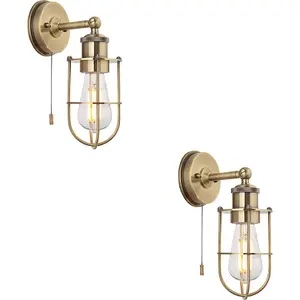 2 PACK IP44 Bathroom Wall Light - Antique Brass Caged Lamp - Industrial Style Toggle Switch