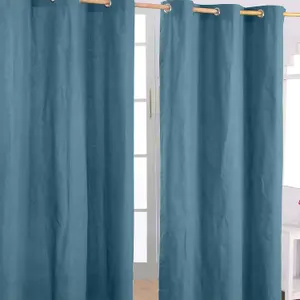 Homescapes Cotton Plain Airforce Blue Ready Made Eyelet Curtain Pair, 137 x 228cm