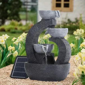 Outdoor Solar Powered 3 Bowls Water Fountain Rockery Decor with Warm Light