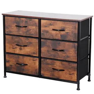 Wooden Effect Chest Of Drawers With Metal Frame, 6 Large Deep Fabric Drawers Organiser Storage