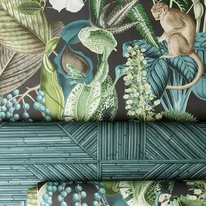 Grandeco Amazon Botanical Wildlife Jungle Textured Wallpaper, Green Blue Teal