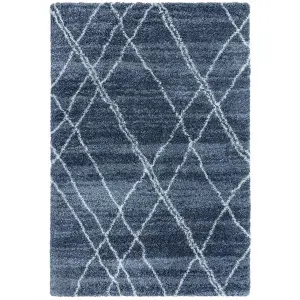 Blue Cream Geometric Luxurious Modern Shaggy Jute Backing Rug for Living Room Bedroom and Dining Room-80cm X 150cm