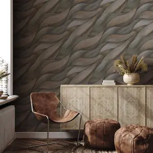 Erismann Casual Chic Leaf Waves Nature Leaves Motif Metallic Textured Wallpaper Dark Brown Grey 10257-10