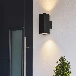 Non Automatic Up & Down Outdoor Wall Light - Textured Black & Glass Diffuser