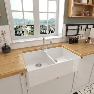 795mm - Double Bowl Fireclay Butler Kitchen Sink - Stepped Weir, Classic Tap  & Waste