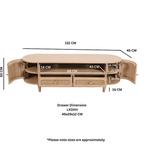 Valencia 2 Drawers and 2 Door TV Cabinet - Cane & Mango Wood - L40 x W152 x H50 cm