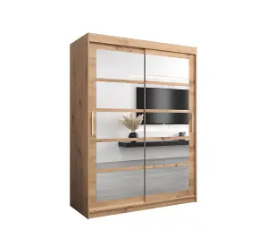 Roma II Oak Artisan Stylish Sliding Door Wardrobe H2000mm W1500mm D620mm with Mirrored Panels and Silver Handles