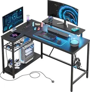 Thielsen 48" L Shaped Computer Desk With Power Outlet, LED Gaming Or Work Desk With Monitor Stand Borough Wharf Colour: Black