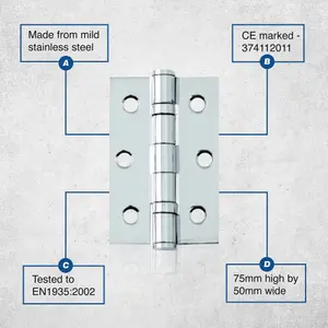 UAP Pack of 4 Door Hinges - 3 Inch - 75x50mm - Mild Steel Ball Bearing Butt - Square Corners - Internal Door - Polished Chrome