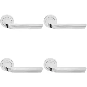 4 PACK - Premium Art Deco Door Handle Set - Polished Chrome Reeded Lever on Round Rose