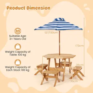 Costway Wooden Octagon Table Set Kids Picnic Table & 4 Chairs w/ Umbrella