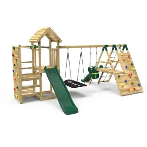 Rebo Wooden Climbing Frame with Vertical Rock Wall, Swing Set and Slides - Cairngorm+