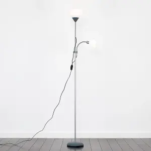 ValueLights Mozz Modern Metallic Silver 2 Way Mother/Father Parent & Child Uplighter and Spotlight Design Floor Lamp