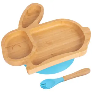 Bamboo Rabbit Baby Weaning Plate & Fork Set - Blue