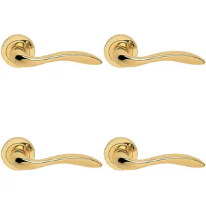 4 PACK - Premium Scroll Door Handle Set - Polished Brass Elegant Lever on Round Rose