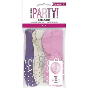 Unique Party Latex Pearlised Birthday Balloons (Pack of 6) White/Pink/Purple (One Size)