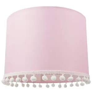 Cute and Modern Pink Cotton 10 Lamp Shade with Small White Woolly Pom Poms