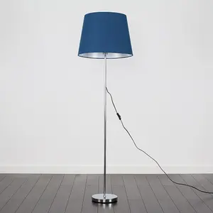 ValueLights Modern Polished Chrome Metal Standard Floor Lamp With Navy Blue Tapered Shade - Includes 6w LED Bulb 3000K Warm White