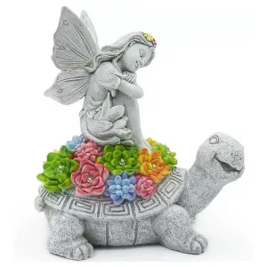 Solar Fairy Tortoise Ornament Garden LED Statue Succulent Decor Stone Effect