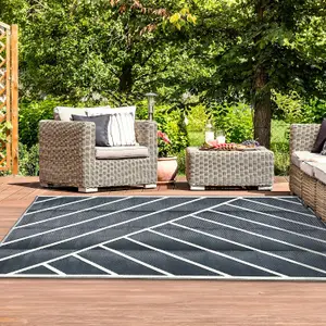 Extra Large Garden Outdoor Rug For Patio, Black & Sand Geo-Lines  Waterproof Garden Rug 180 x 270cm