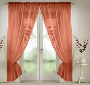 Elegant Plain Voile Curtain Panels PAIR with FREE Tie Backs 150cm x 122cm Terracotta