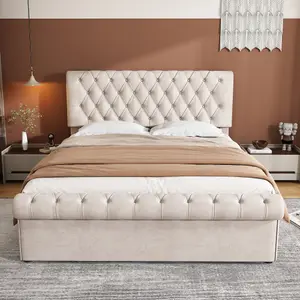 Modern Ottoman Velvet Double Bed Frame 4FT6 Tufted Headboard with Large Under Bed Storage Beige Cream 135x190cm