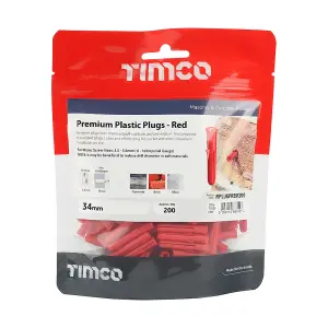 Timco - Premium Plastic Plugs - Red (Size 34mm - 200 Pieces)