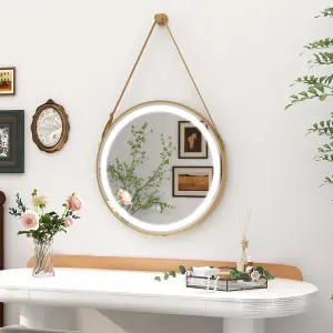 COSTWAY Hanging Bathroom Mirror 60 cm Round Wall Mirror w/ 3 Colors LED Light