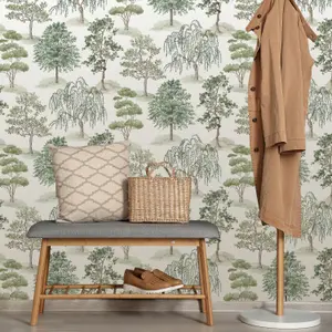 Rasch Cotswold Green Water coloured effect Trees Smooth Wallpaper