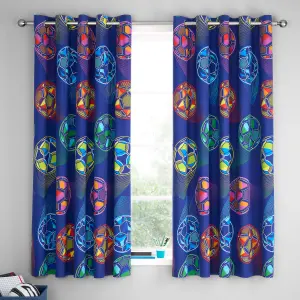 Catherine Lansfield Bright Football Fully Reversible 66x72 Inch Eyelet Curtains Two Panel Navy Blue