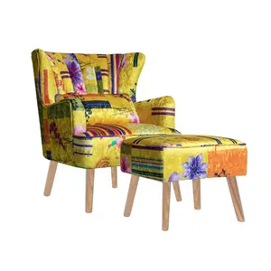 Fabric Gold Patchwork Abigail Accent Wingback Chair with Footstool