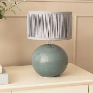 ValueLights Bosco Eucalyptus Ceramic Table Lamp with Ruched Pleated Powder Blue Fabric Drum Lamp Shade