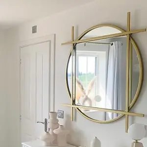 Large Round Gold Wall Mirror with Square Frame 97cm x 97cm