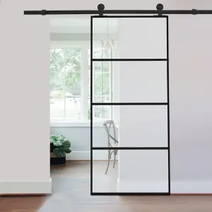 4 Lites Clear Glass Black Sliding Barn Door Panel Interior Door with 6ft Hardware Kit, 90 x 205 cm