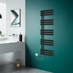 Rinse Bathrooms Designer Electric Thermostatic Heated Towel Rail D Shape Bathroom Ladder Style Radiator Warmer 1600x600mm Black