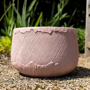 Primrose Pattern Textured Fibrecotta Round Planter In Dust Pink 36cm