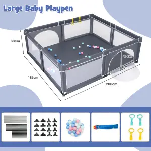 Costway Baby Playpen Large Safety Infant Activity Center W/ 50 PCS Ocean Balls 206 x 186 cm