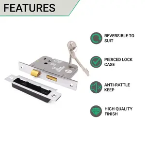 EAI Sashlock 80mm / 57mm Backset Chrome 3 lever for Internal Wooden Door 2 Keys CE UKCA & Fire Door Approved Anti Rattle Keep