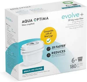 Aqua Optima Water Filter Cartridge 6 Pack (6 Months Supply), Evolve+ Compatible With Brita Maxtra, Maxtra+ & Perfectfit, 5 Stage Filtration System