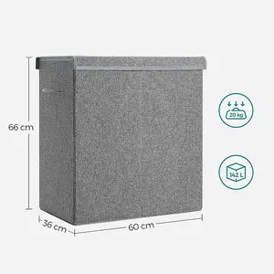 SONGMICS Laundry Hamper, Two-Compartment Washing Basket with Lid, Foldable, Removable Liner, Linen-Look Fabric, Grey