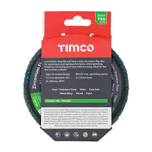 TIMCO Flap Disc Zirconium Type 29 Conical P60 Grit - 115 x 22.23