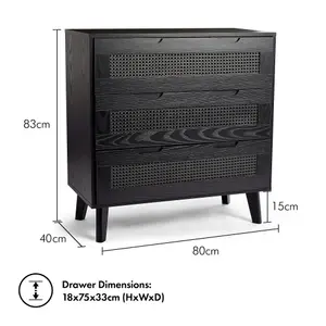 Spinningfield Black Rattan Chest of Drawers, 2 Drawers Clothes Dresser, Bedroom Drawers w/ Cane Fronted Drawers, Clothes Cabinet