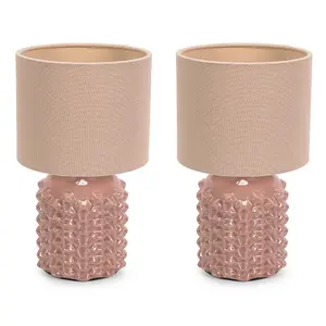 ValueLights Asha Pair - Ceramic Pink Geometric Textured Base Table Lamp with Drum Shade - LED Bulbs Included